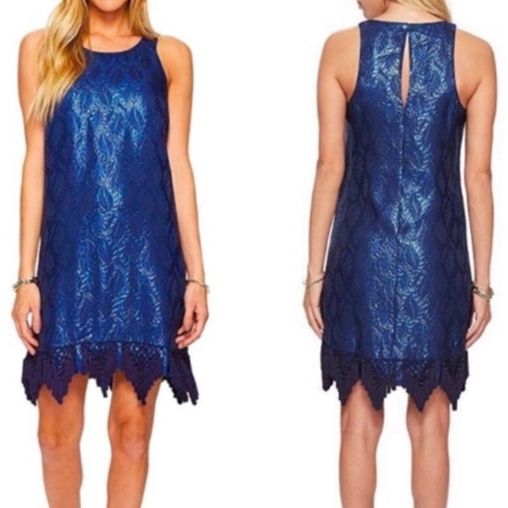 Lilly Pulitzer Marquette Silk Metallic Blue Leaf Jacquard Fringe Shift Dress XS